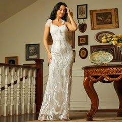 Vestido de noche elegante sin mangas largo con lentejuelas y escote descubierto y espalda descubierta para dama de honor con lazo de lentejuelas