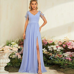 Vestido de noche elegante con escote en V, vestido de noche con abertura para fiesta de graduación, vestido de cena de boda, vestido de brindis, vestido de reunión anual