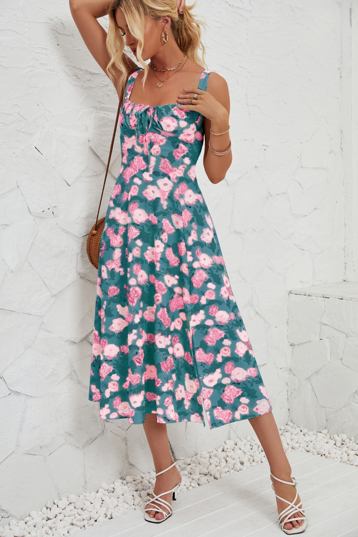 Vestido largo elegante estilo pastoral con tirantes florales