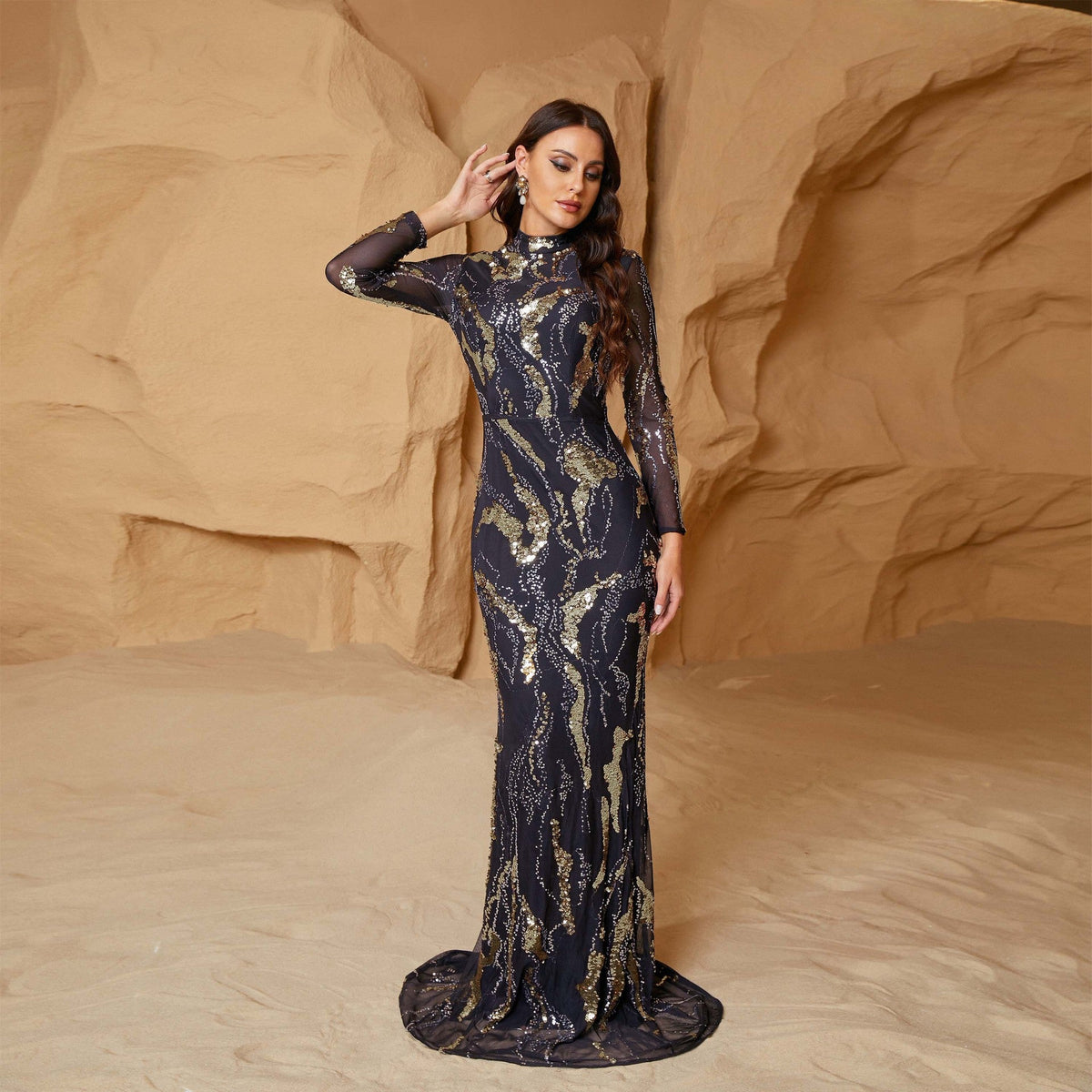 Long Sleeve Crew Neck Slim Long Sequined Cocktail Evening Dress Bridesmaid