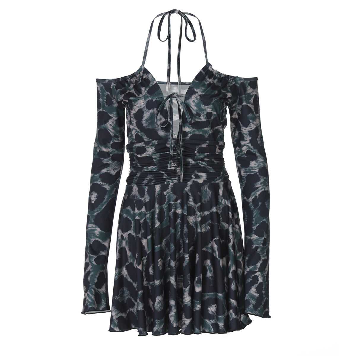 Vestido plisado con cuello halter y manga larga con estampado de patrón
