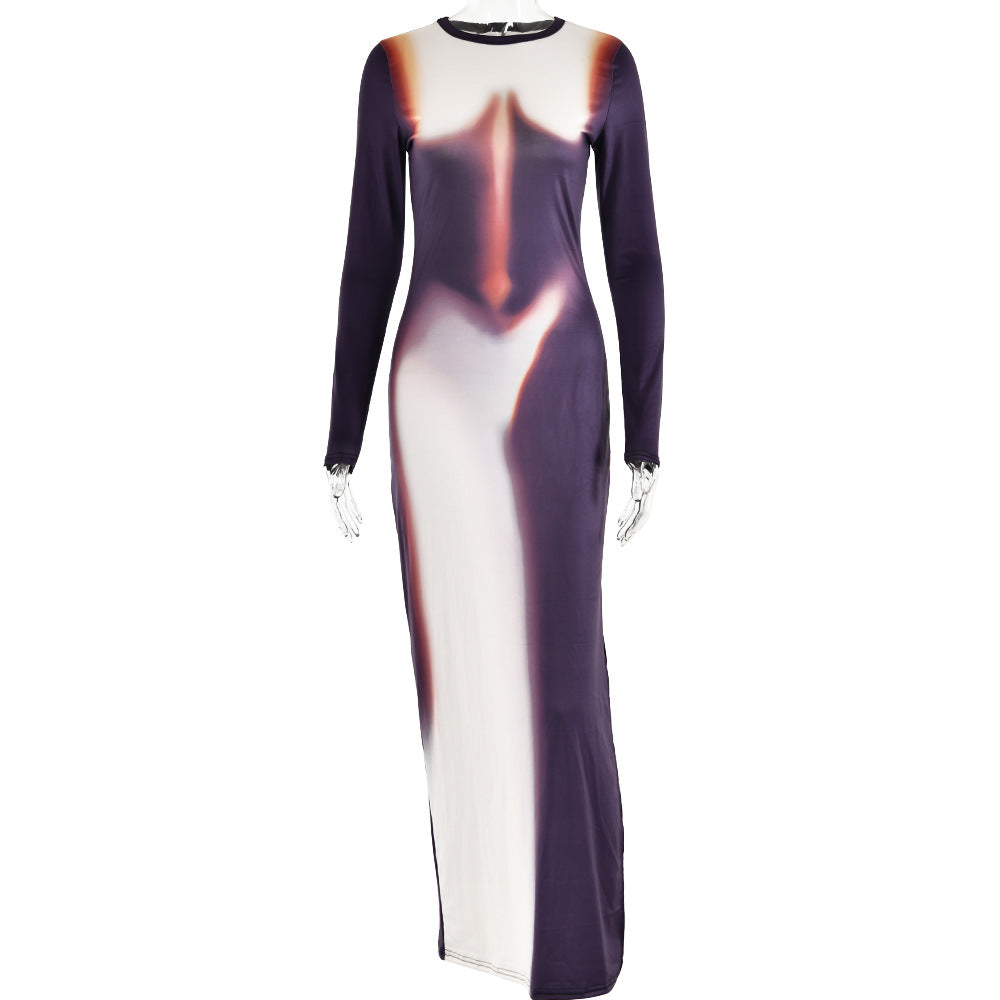 round Neck Long Sleeved Dress Tight Split Maxi Dress