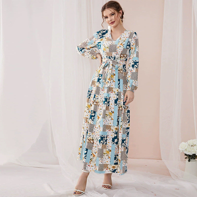 Sweet V-neck Long Sleeve Floral Print High Waist Lace up Slim Fit Fresh Maxi Dress
