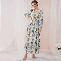 Sweet V-neck Long Sleeve Floral Print High Waist Lace up Slim Fit Fresh Maxi Dress