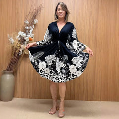 Casual Printed Strap Split V neck Long Sleeve Dress