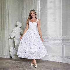 Vestido de gasa con vuelo amplio, estilo europeo francés, con tirantes finos, estampado de camelia tridimensional y corsé con varillas