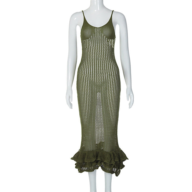 Personalized Sling Backless Wooden Ear Knitted Slim Fit Maxi Dress