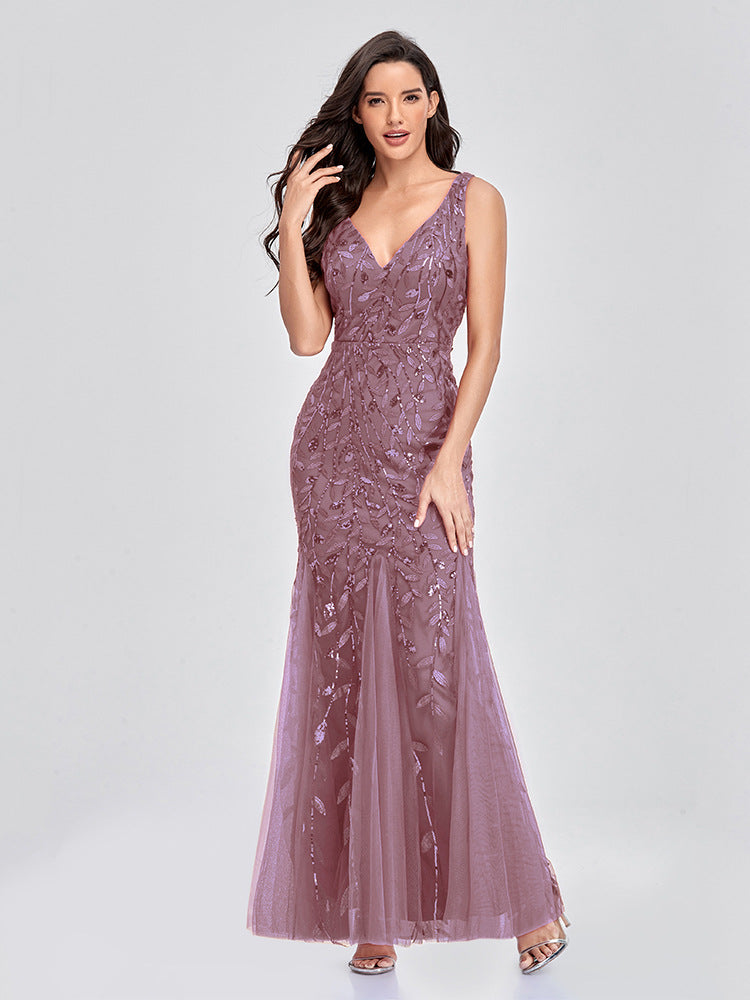 Evening Dress V neck Tulle Embroidered Sequ Mermaid Prom Formal Dress