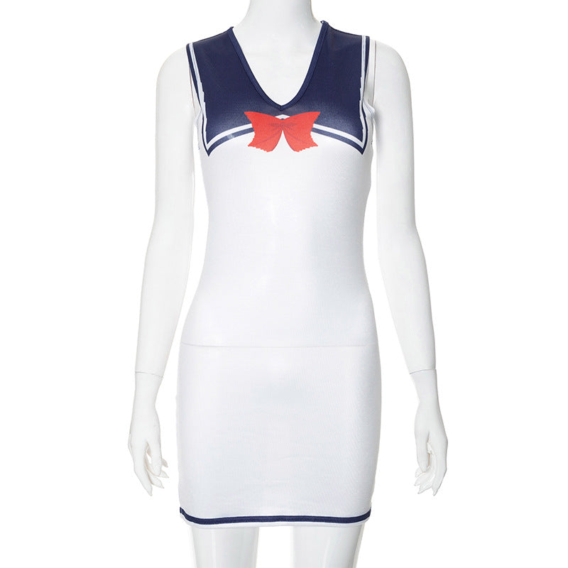 Color Contrast Sleeveless Bow Dress