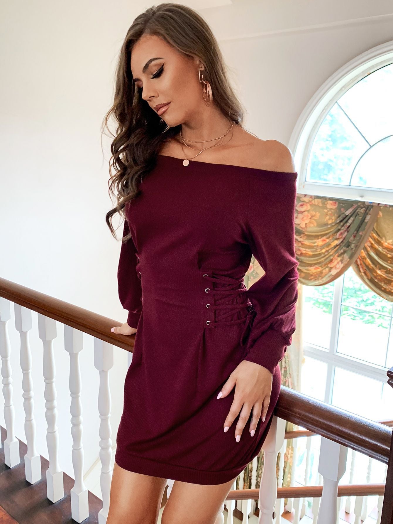 Dress off Shoulder Waist Belt Puff Sleeve Knitted Office Dress