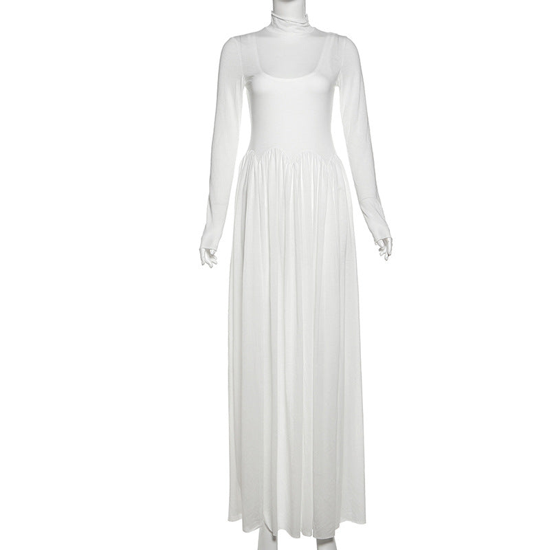 Conjunto de dos piezas de vestido largo ajustado con cuello medio alto y mangas largas con costuras de color liso, dulce y fresco