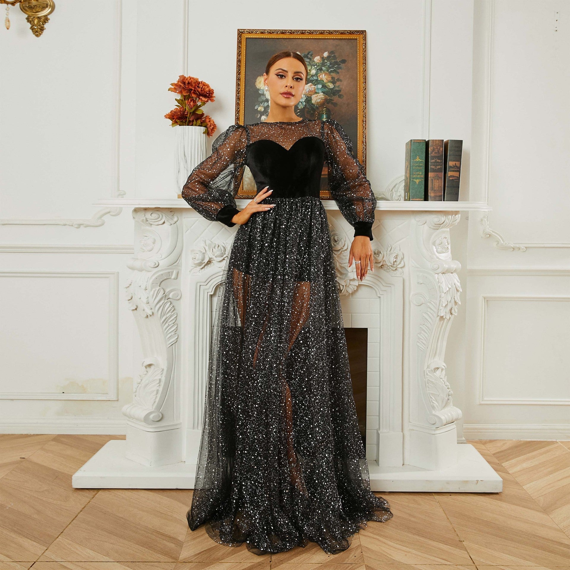 Vestido de noche de dama de honor con cuello redondo, manga larga y lentejuelas de gasa