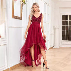 Vestido de dama de honor de gasa con escote en V doble, sin mangas, corte A, dobladillo grande, costura de lentejuelas, vestido de noche