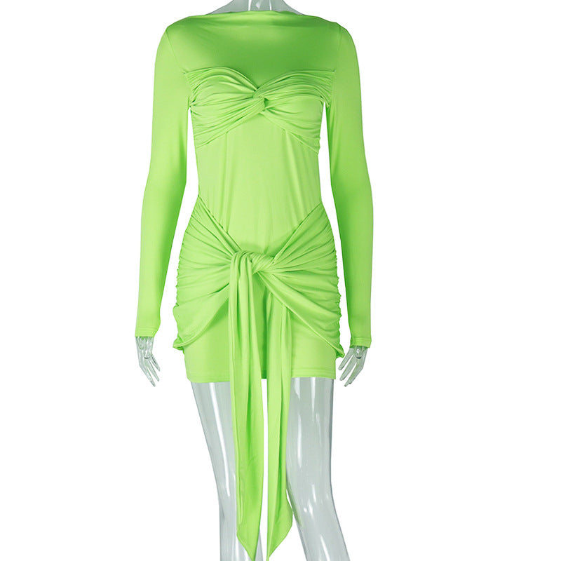 Vestido corto elegante con costuras de color liso, atado a la cadera, manga larga, cuello redondo y cintura alta