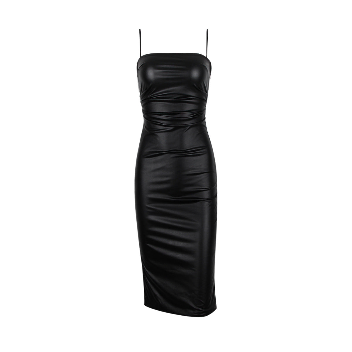 Faux Leather Cami Dress Slim Fit Backless Lace up Hip Wrapped Mid Length Dress Split Dress