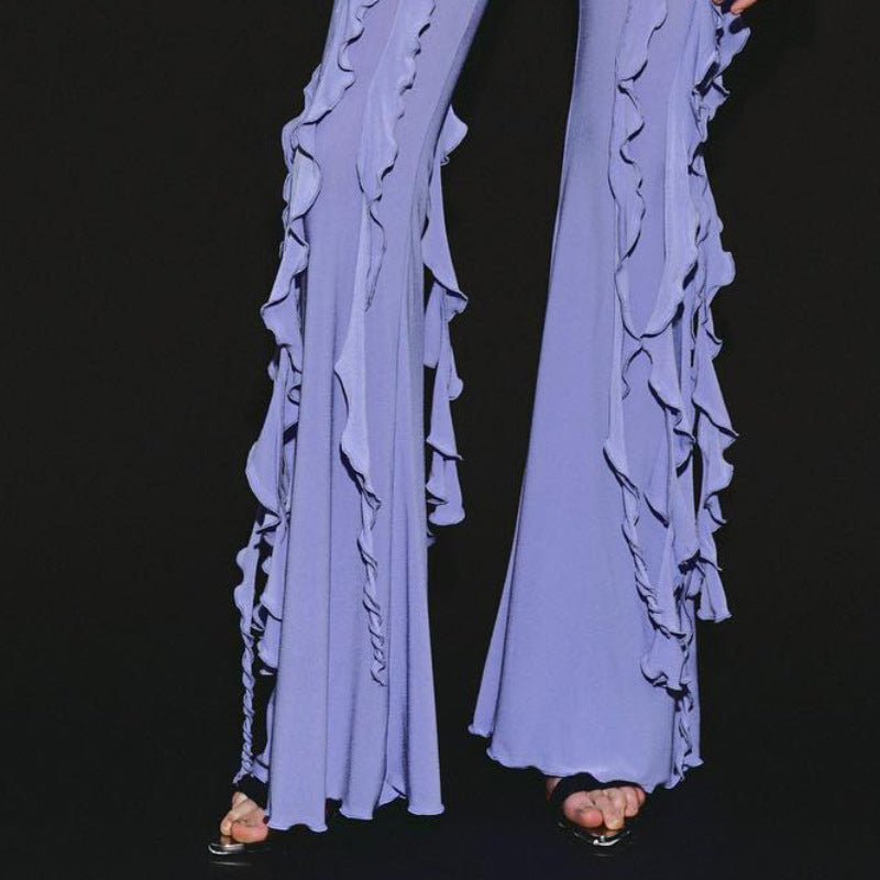 Ruffle hem slim fit flared low waist trousers