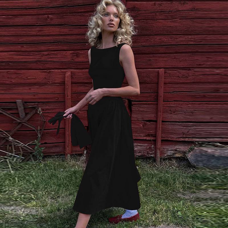 Vestido ajustado sin espalda y sin mangas de color sólido con cintura alta