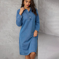 Vestido midi de mezclilla de manga larga, elegante, retro, con cuello chino