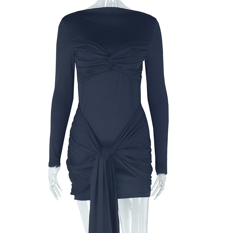 Vestido corto elegante con costuras de color liso, atado a la cadera, manga larga, cuello redondo y cintura alta