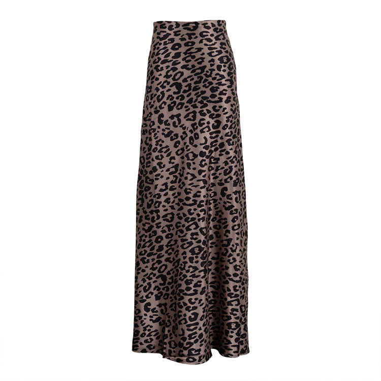 Satin Draping Skirt Leopard Print Sheath Fishtail Skirt Floor Length Dress