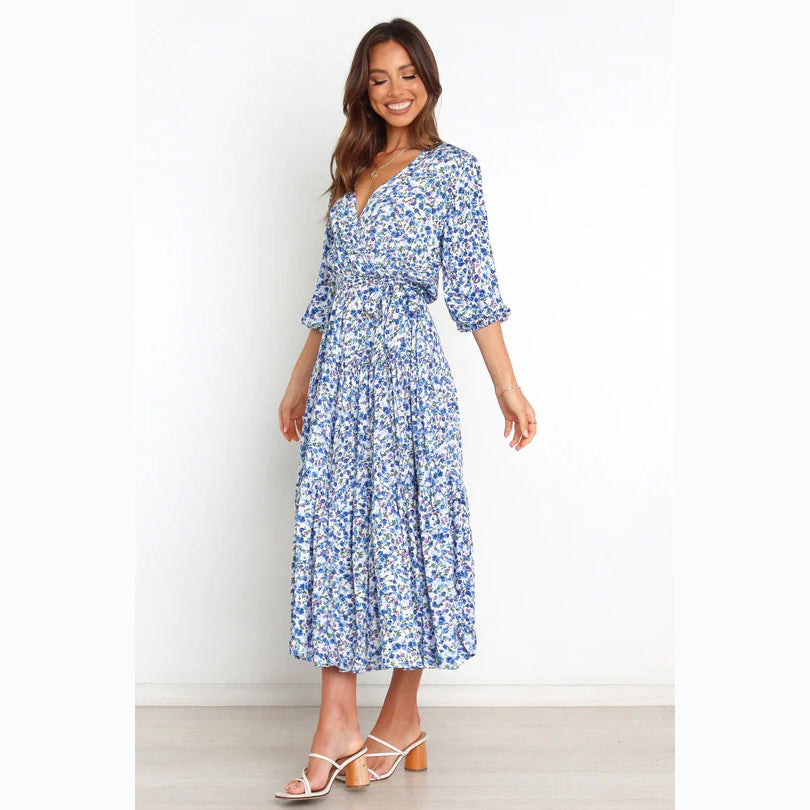 Floral Fresh Sweet Mid-Sleeve V neck Dress