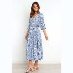 Floral Fresh Sweet Mid-Sleeve V neck Dress