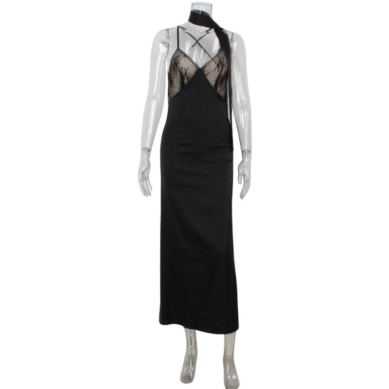 Lace Stitching Seductive V neck Backless Dinner Sling Dress Dress with Scarf
