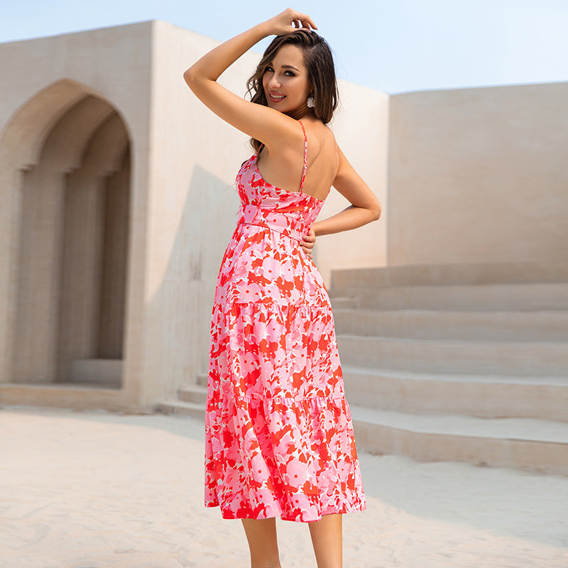Floral Dress Printed Closing Belt Low Cut Romantic Vacation Dress