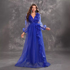 Vestido de noche de graduación con escote en V, manga larga, volante tridimensional, elegante y decorativo.