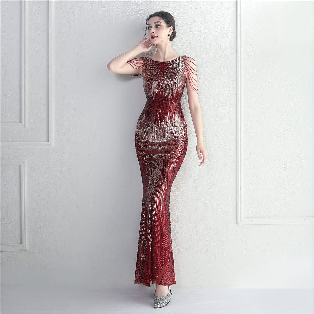 Positioning Floral Sequin Craft Beaded Party Dinner Ceremony Concert Maxi Dress Evening Dress