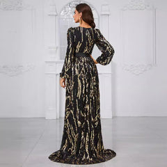 Prom Evening Dress Sequined Lace up Random Printed V neck Long Sleeve Light Luxury Party Evening Dress