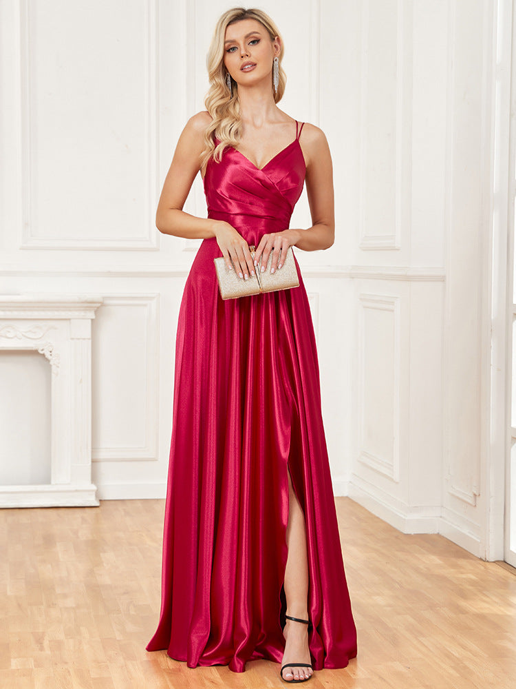Vestido de seda con tirantes, sin espalda, azul, para dama de honor, de noche