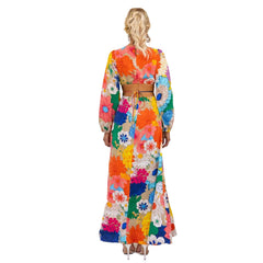 Years  Print round Neck Lantern Sleeve Long Waist Dress-