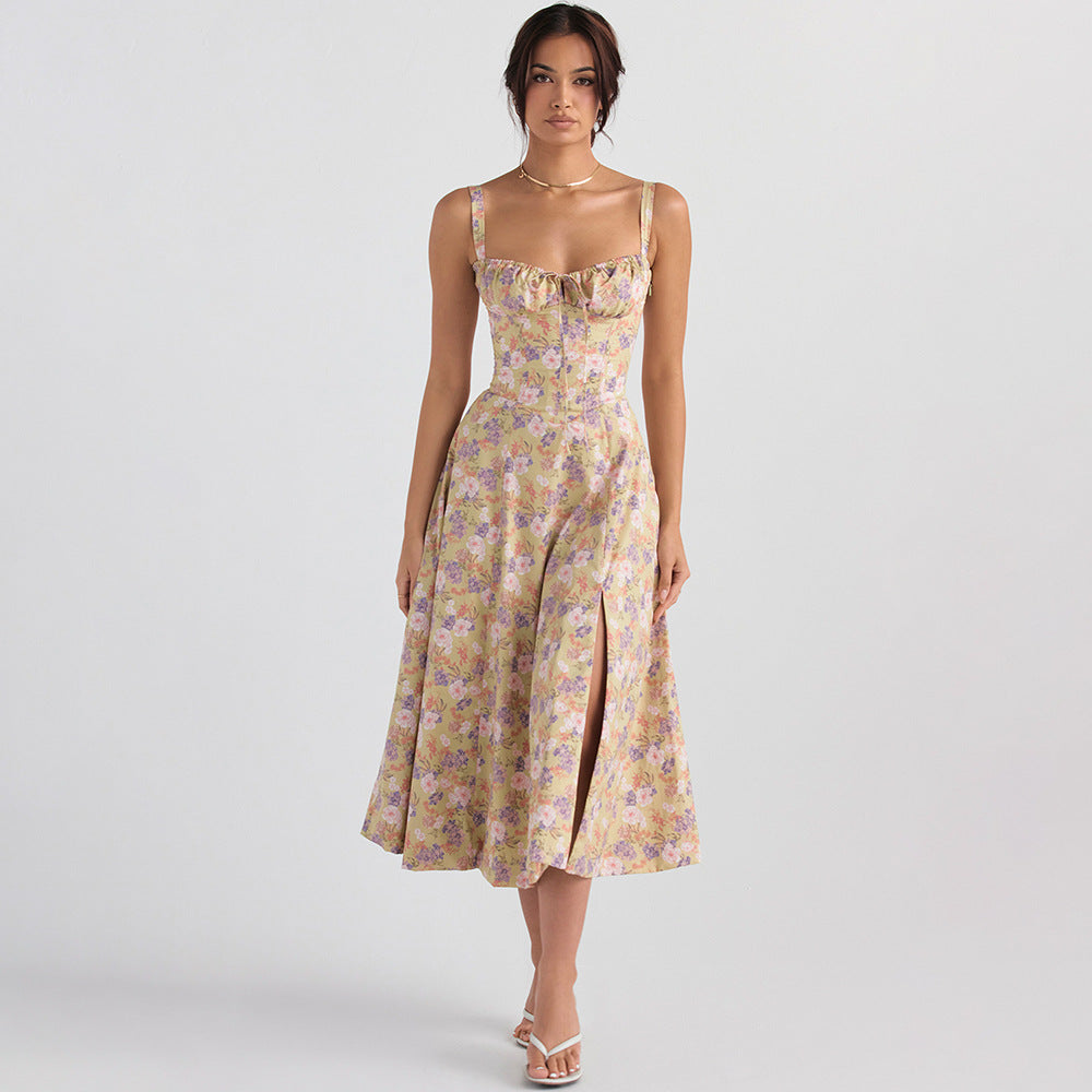 Dress Slim Fit Slit Floral Hollow Out Hollow Out Cutout Backless Strap Dress