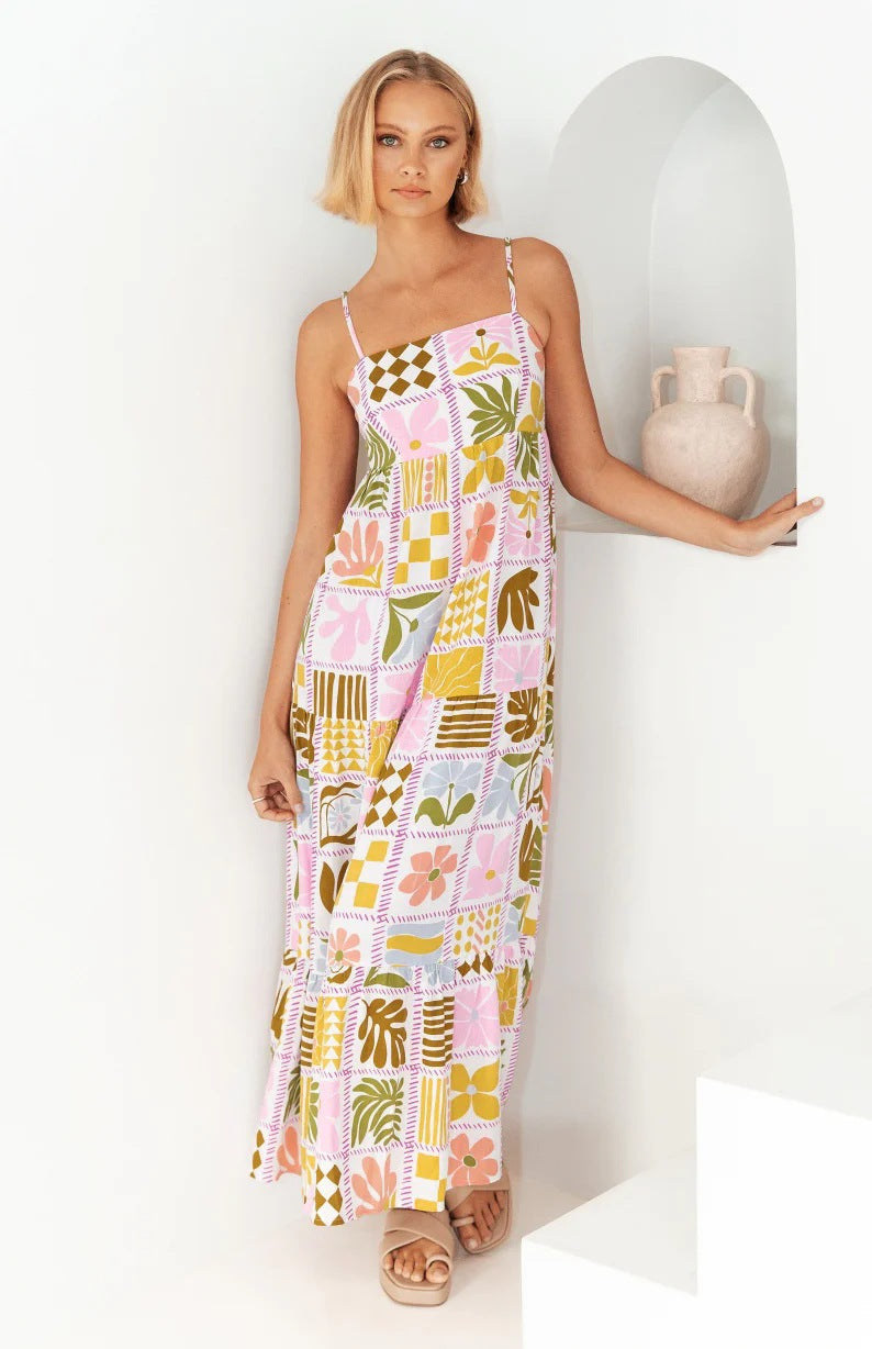 Fresh Printed Personalized Back Cutout Sling Dress
