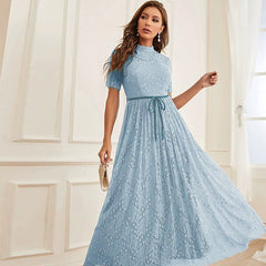 Vestido elegante y elegante de cintura alta con cuello redondo, manga corta y malla