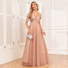Off The Shoulder Sling Double V neck Sequ Embroidery Stitching Party Dress Elegant A Swing Tulle Dress