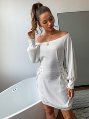 Dress off Shoulder Waist Belt Puff Sleeve Knitted Office Dress