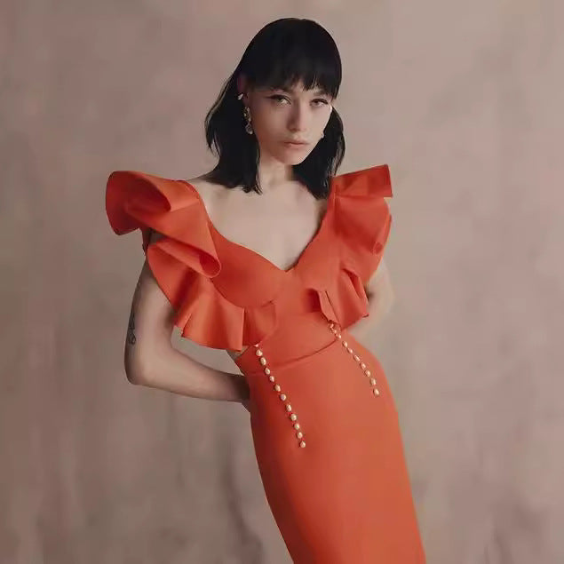 Elegante vestido midi de vendaje retro naranja de alta gama