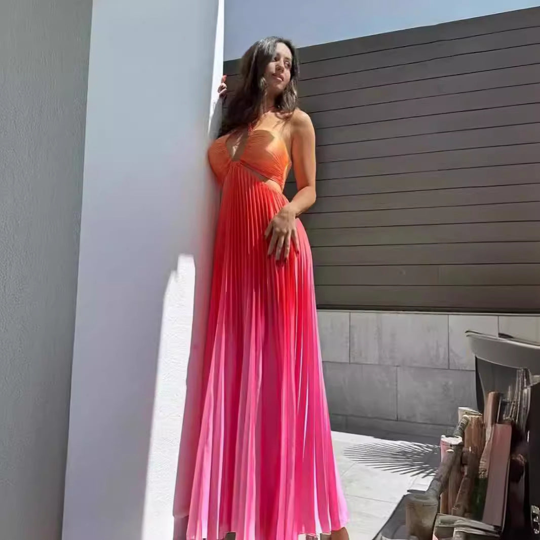 Personalized Gradient Color Halter Pleated Long Dress