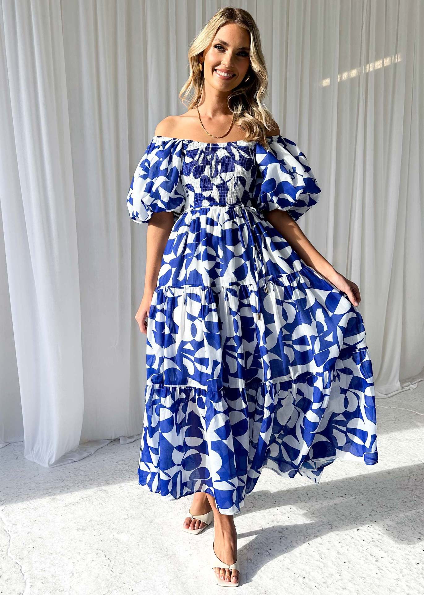 Elegant Floral Print off Shoulder Puff Sleeve