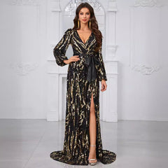 Prom Evening Dress Sequined Lace up Random Printed V neck Long Sleeve Light Luxury Party Evening Dress