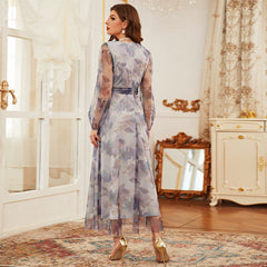 Print round Neck Lace Long Sweet Dress