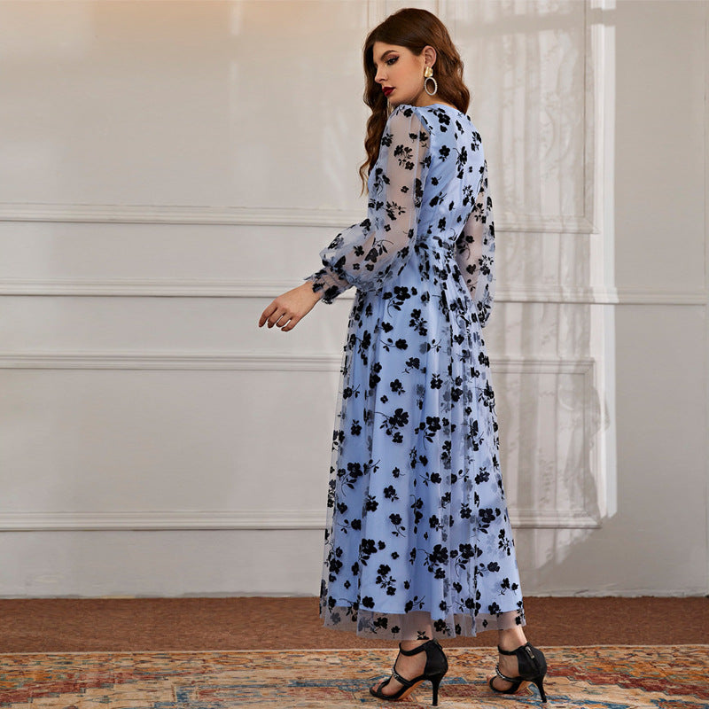 Casual V neck Long Sleeve High Waist Floral Print Long Lace Dress