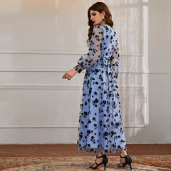 Casual V neck Long Sleeve High Waist Floral Print Long Lace Dress