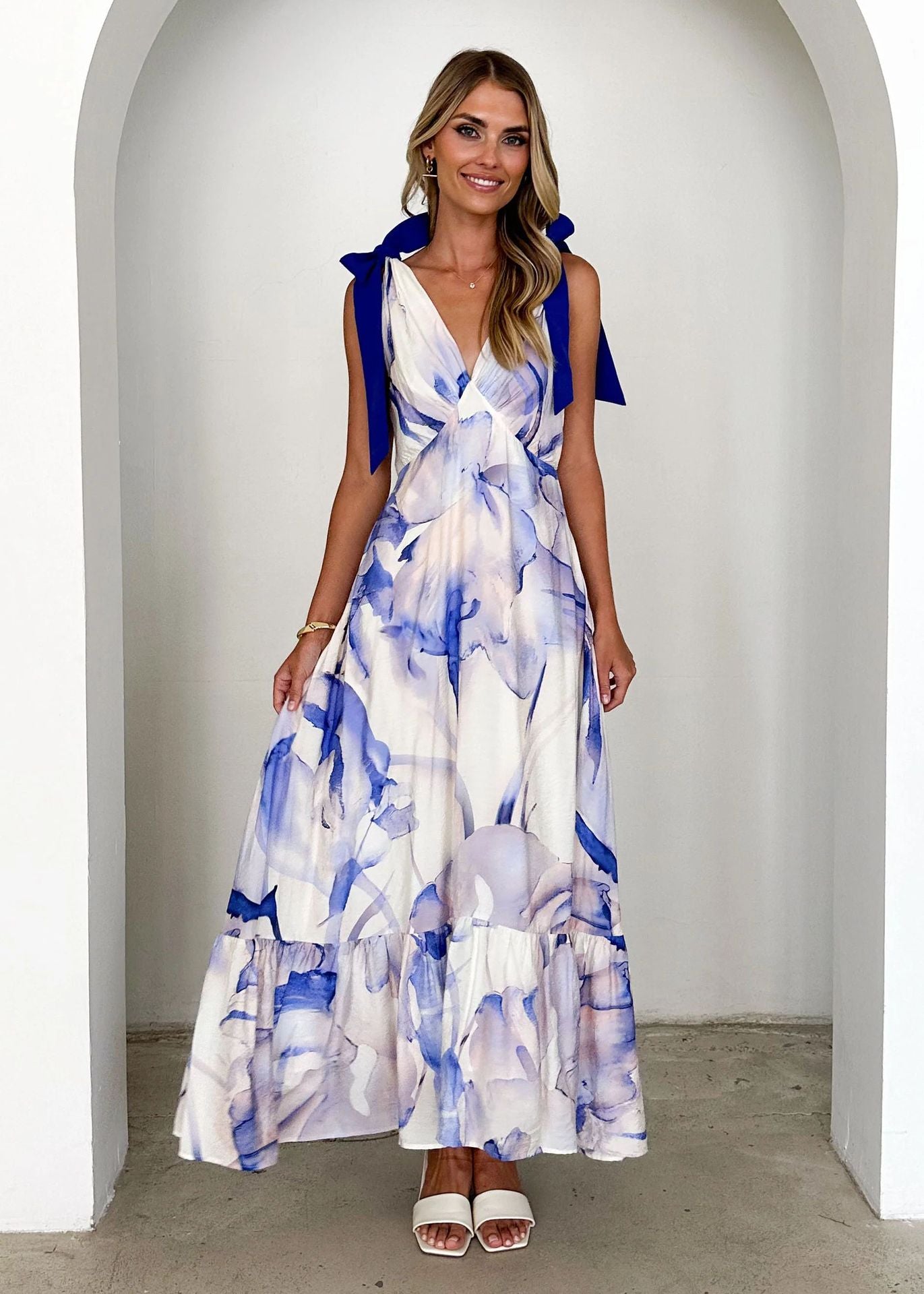 Maxi Dress V neck Sleeveless Printed Dress