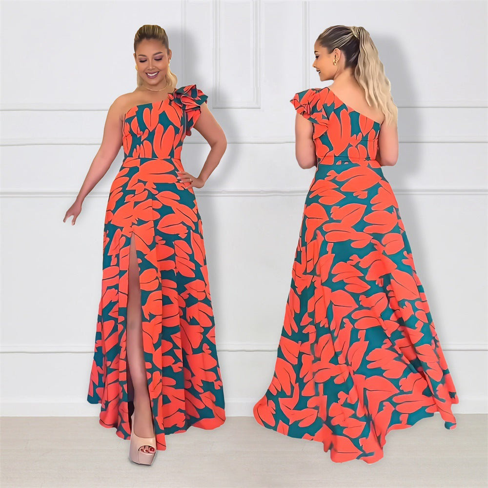 One Shoulder Backless Printed High Waist Maxi Dress Dress