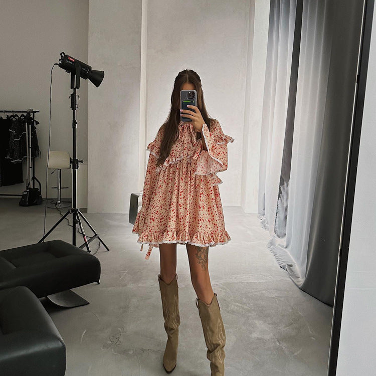 Printed Dress Flared Sleeves Lace up