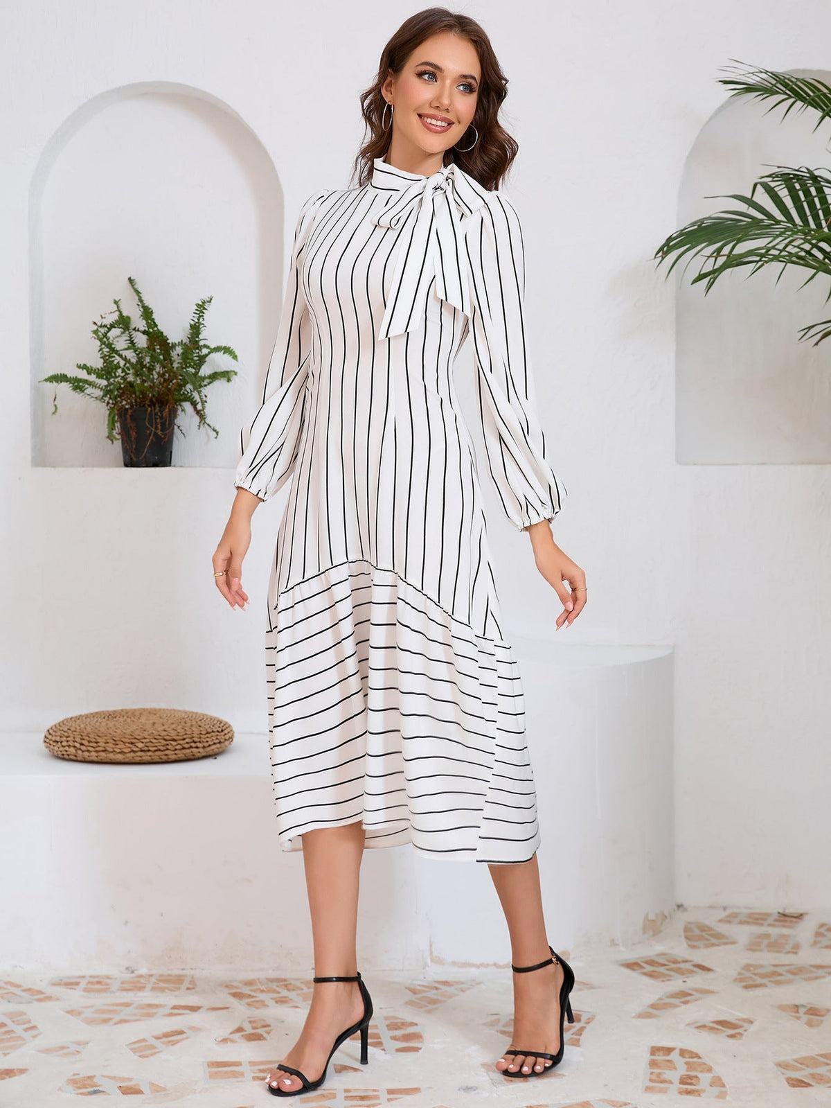 Business High Grade StCollar Thin Striped Dress