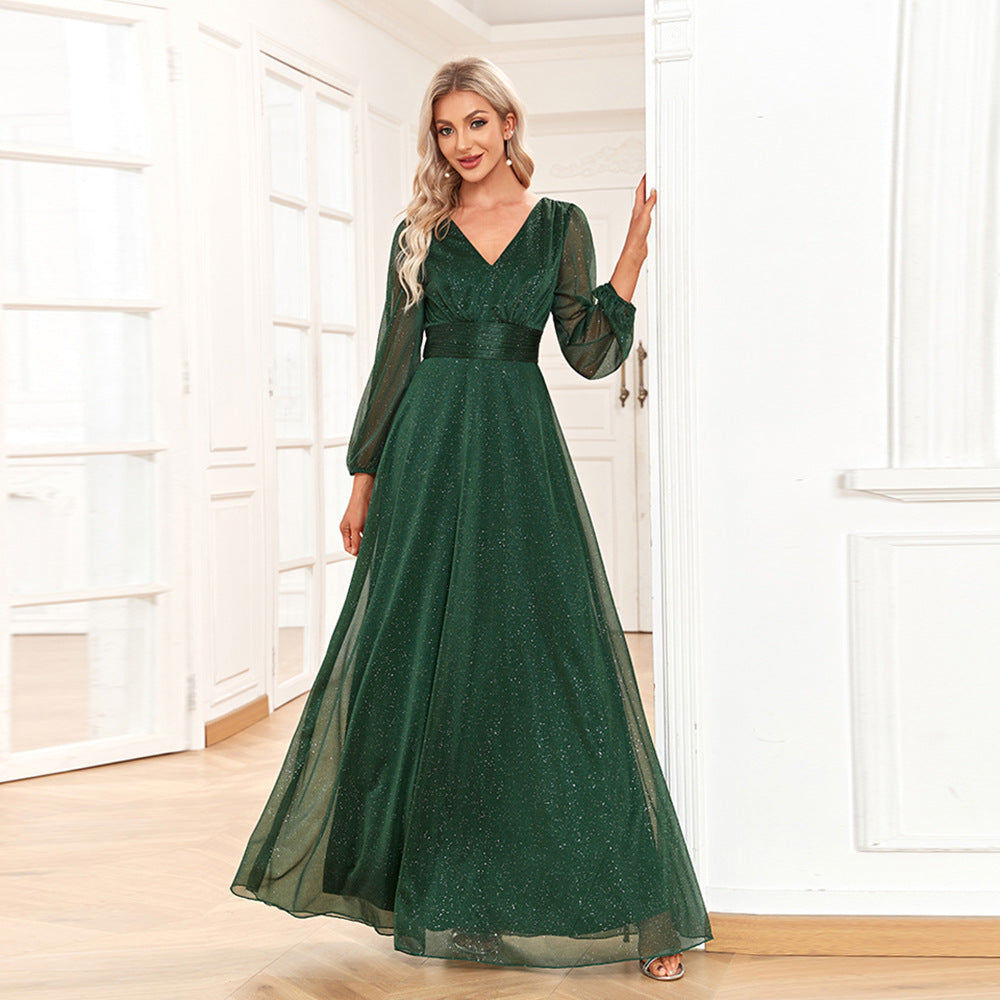 Elegant V Neck Shiny Chiffon Evening Dress A line Sheer Long Sleeve Wedding Party Dress Bridesmaid
